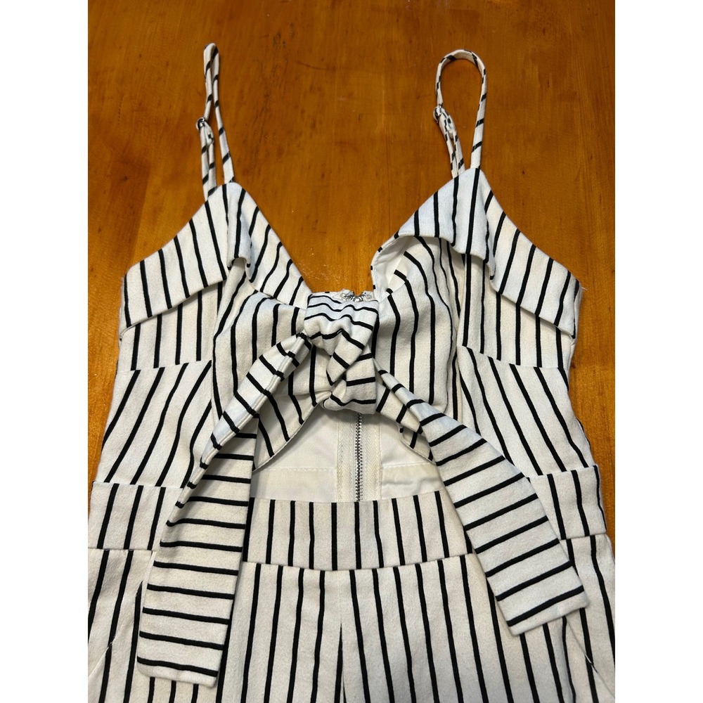 Main Strip Womens Black White Striped Tie Front Wide Leg Jumpsuit Small Cutout - Picture 8 of 13